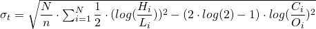  \sigma_t = \sqrt{\dfrac{N}{n}\cdot \sum_{i=1}^{N}\dfrac{1}{2} \cdot (log(\dfrac{H_i}{L_i}))^2-(2 \cdot log(2)-1)\cdot log(\dfrac{C_i}{O_i})^2} 