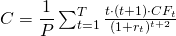  C = \dfrac{1}{P}\sum_{t=1}^{T}\frac{t\cdot (t+1)\cdot CF_t}{(1+r_t)^{t+2}} 