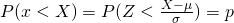  P(x < X) = P(Z < \frac{X - \mu}{\sigma}) = p 