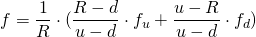  f = \dfrac{1}{R} \cdot (\dfrac{R-d}{u-d} \cdot f_u + \dfrac{u-R}{u-d} \cdot f_d) 