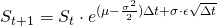 $$ S_{t+1} = S_{t} \cdot e^{(\mu - \frac{\sigma^{2}}{2})\Delta t + \sigma \cdot \epsilon \sqrt{\Delta t}} $$