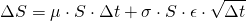 $$ \Delta S = \mu \cdot S \cdot \Delta t + \sigma \cdot S \cdot \epsilon \cdot \sqrt{\Delta t} $$