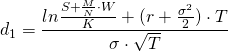  d_1 = \dfrac{ln{\frac{S + \frac{M}{N} \cdot W}{K}}+(r+\frac{\sigma^2}{2})\cdot T}{\sigma \cdot \sqrt{T}} 