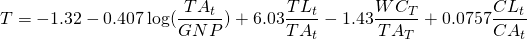 $$T = - 1.32 - 0.407\log(\frac{TA_t}{GNP}) + 6.03\frac{TL_t}{TA_t} - 1.43 \frac{WC_T}{TA_T} + 0.0757\frac{CL_t}{CA_t} $$