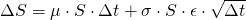  \Delta S = \mu \cdot S \cdot \Delta t + \sigma \cdot S \cdot \epsilon \cdot \sqrt{\Delta t} 