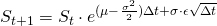  S_{t+1} = S_{t} \cdot e^{(\mu - \frac{\sigma^{2}}{2})\Delta t + \sigma \cdot \epsilon \sqrt{\Delta t}} 