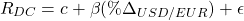 $$ R_{DC} = c + \beta (\% \Delta_{USD/EUR}) + \epsilon $$